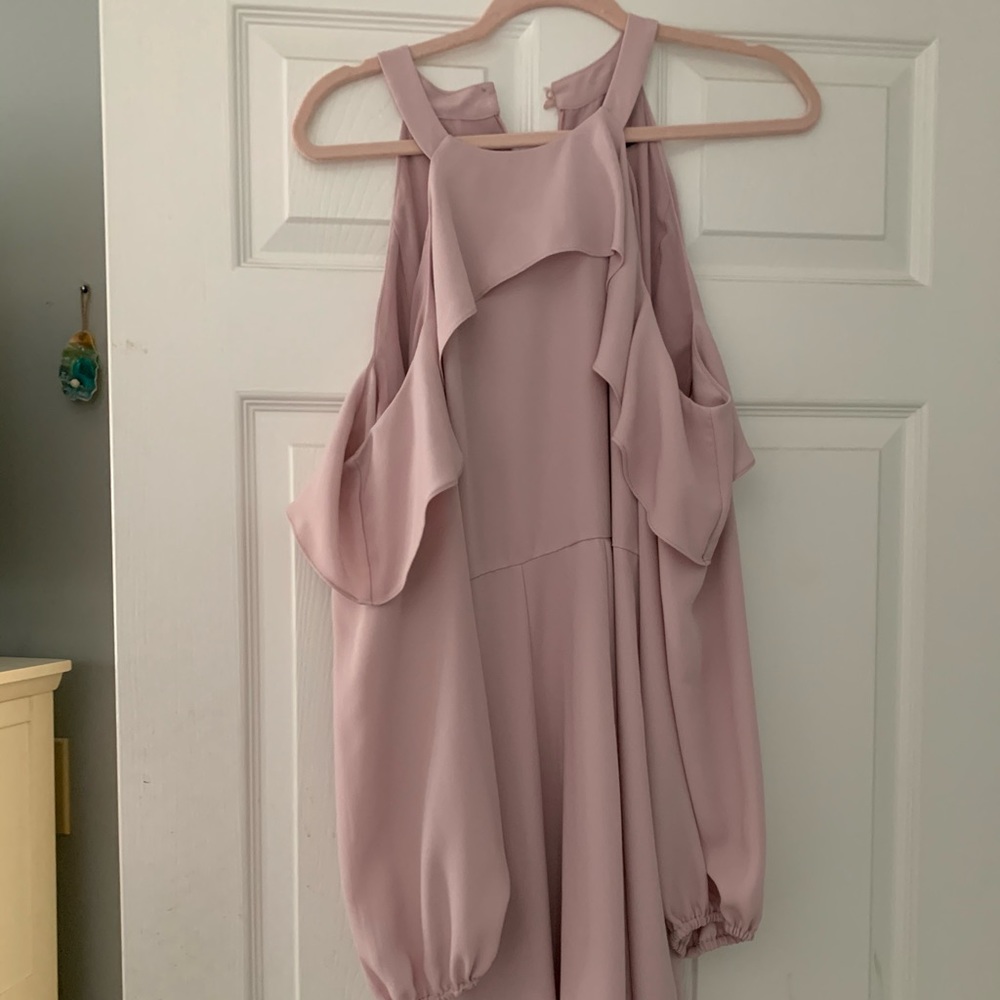 BCBG open shoulder dusty pink dress